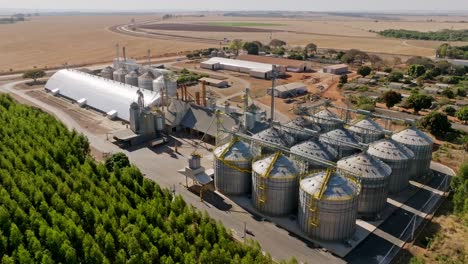 aerial circle shot modern grain silos grain-drying complex