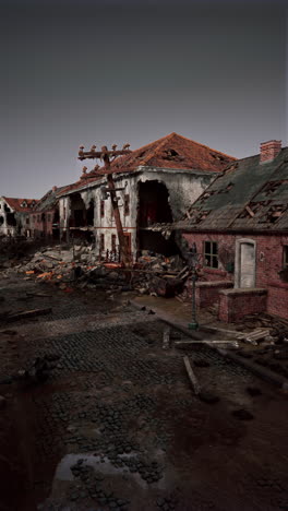 damaged buildings in dirt after military conflict