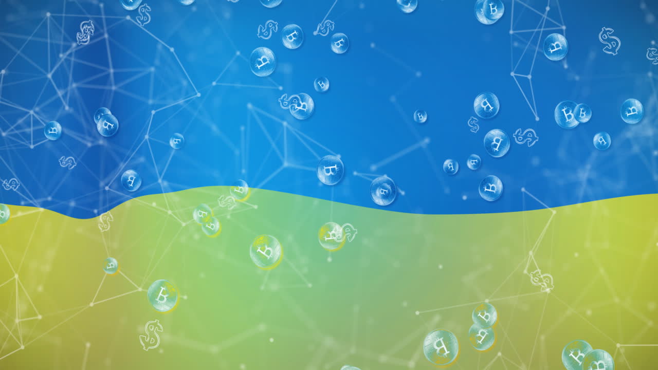 우크라이나의 모양과  ⁇ 발 위에 비트코인 기호의 애니메이션