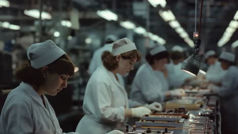 female factory workers wearing protective uniforms and gloves focusing intently on assembling intricate electronic components along bustling production line inside large manufacturing facility