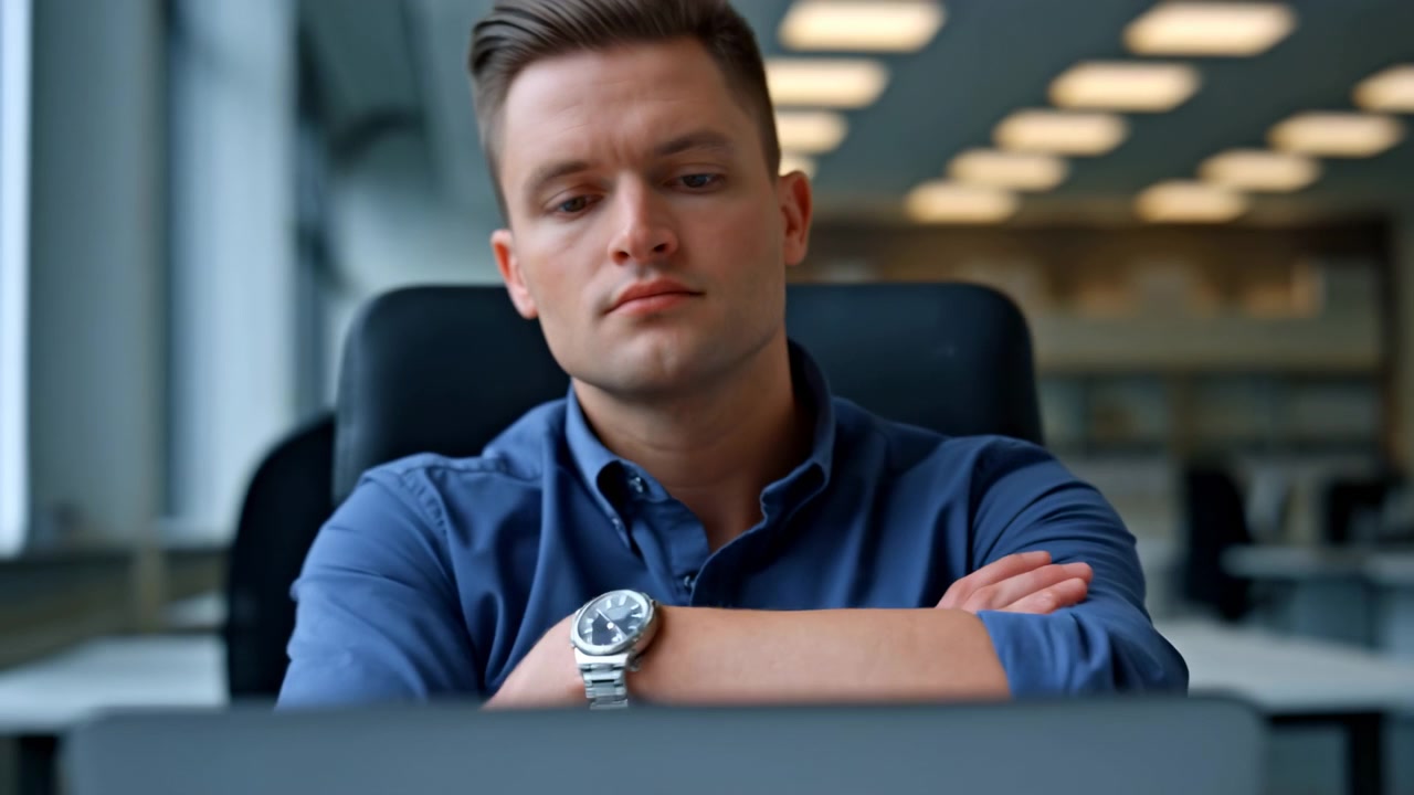 Vista frontale di un uomo adulto in camicia blu dietro un computer portatile, che inizia in posizione eretta con lo sguardo rivolto verso il basso prima di incrociare le braccia e reclinarsi sulla sedia da ufficio guardando verso l'alto