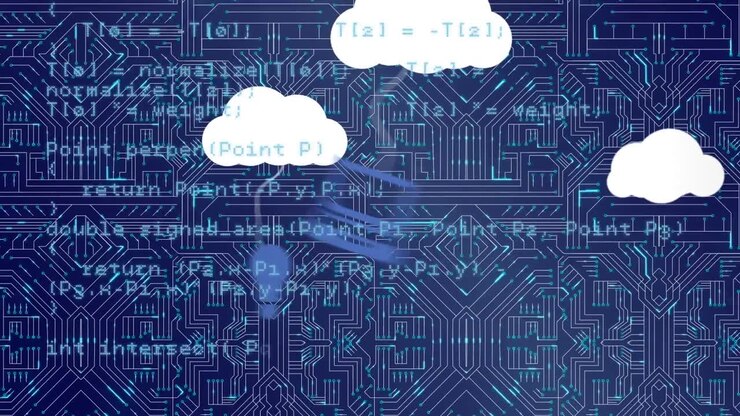 Animation of data processing and clouds over integrated circuit
