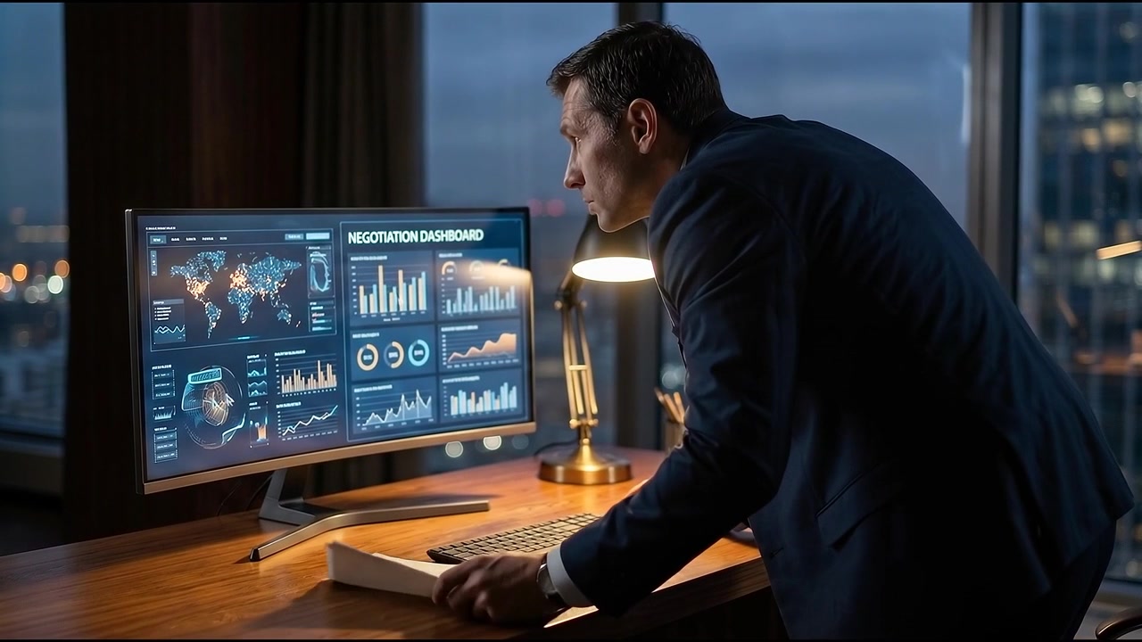 Businessman Analyzing Financial Data on Computer in Modern Office