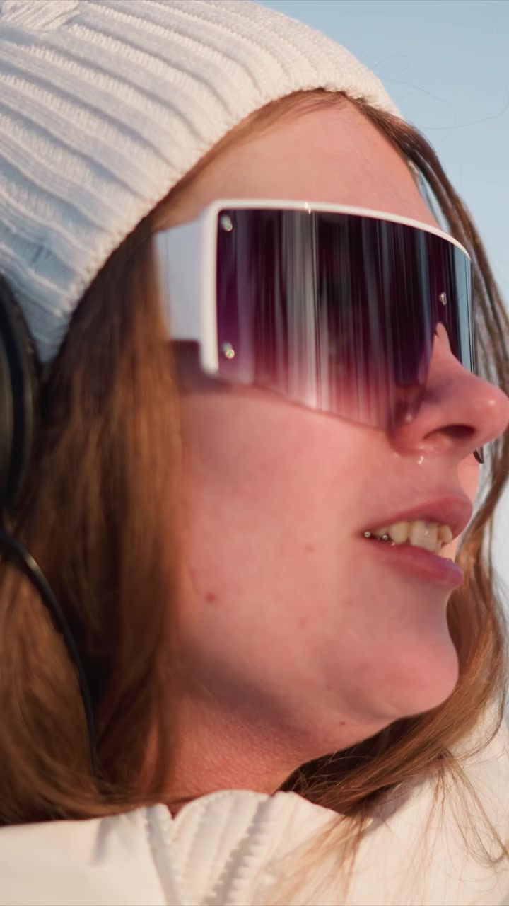 Primo piano di donna con grandi occhiali da sole e cuffie, capelli lunghi castani visibili. La donna indossa un set con berretto di lana e giacca bianchi su uno sfondo esterno con luce naturale soffusa
