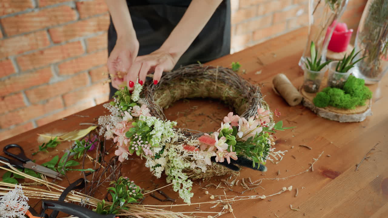 Female florist with red nail polish arranging colorful flowers on rustic twig wreath using natural greenery and blossoms on wooden table, creating handmade floral decoration in cozy creative workspace