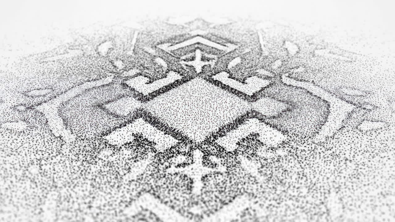 Black Particles Form Evolving Geometric Mandala, Sparse Field Of Dots Coalesces Into Intricate Symmetrical