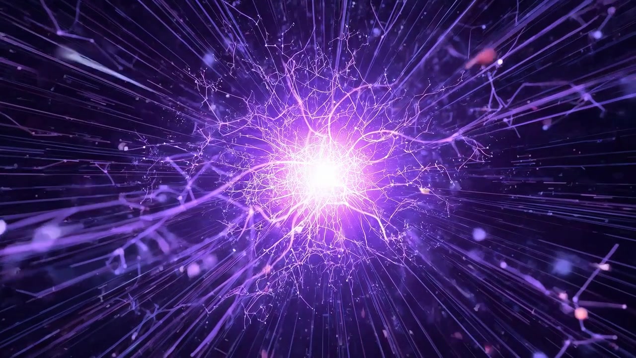 Nucleo energetico centrale pulsante che cresce e invia viticci, raggi e scintille nel vuoto oscuro, esplosione finale.