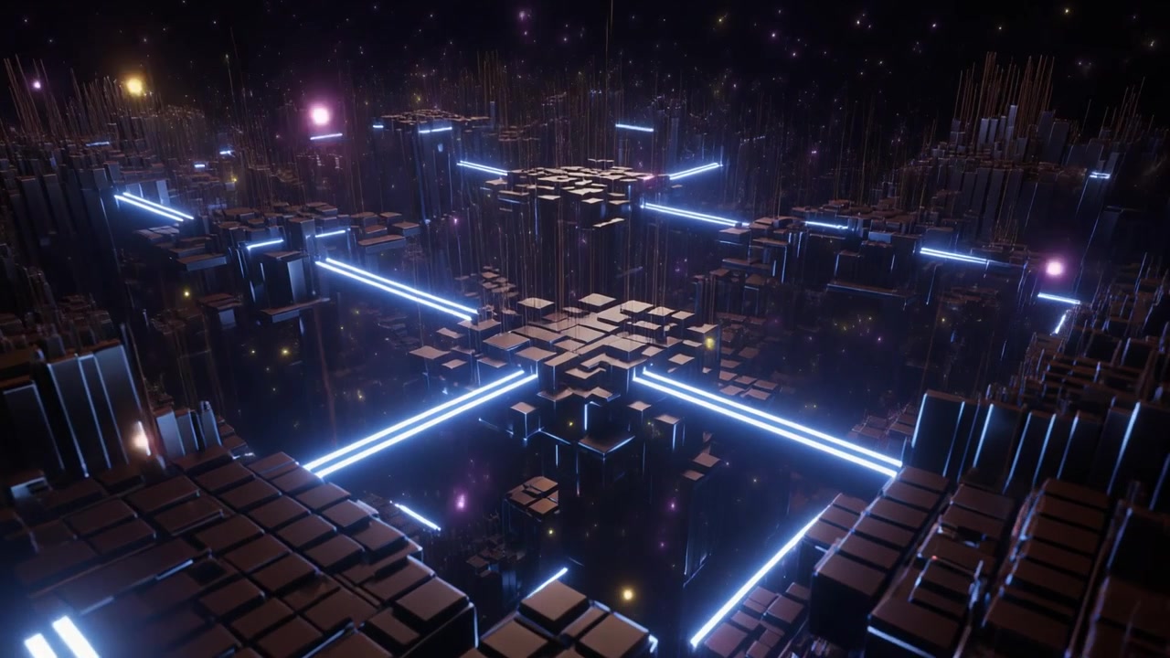 Paesaggio Urbano Digitale Astratto con Linee di Luce Neon Blu Brillanti