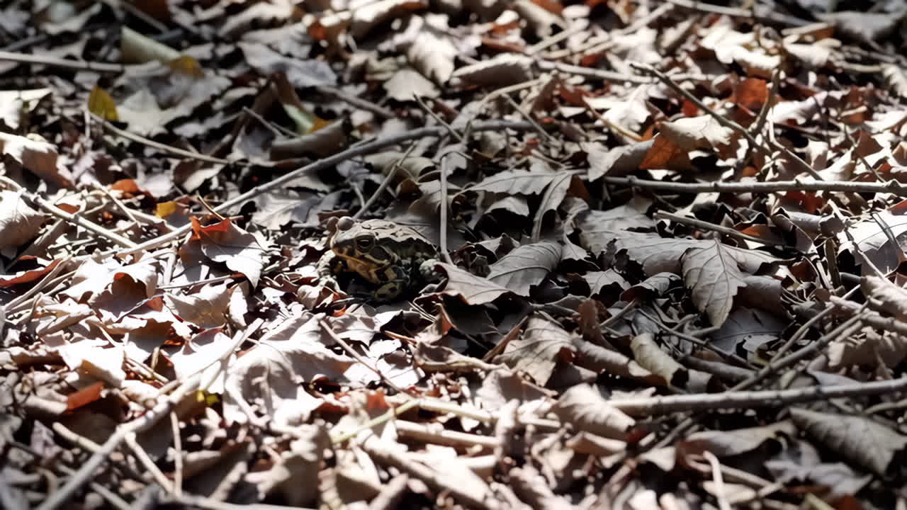 Frog camouflaged in autumn leaves