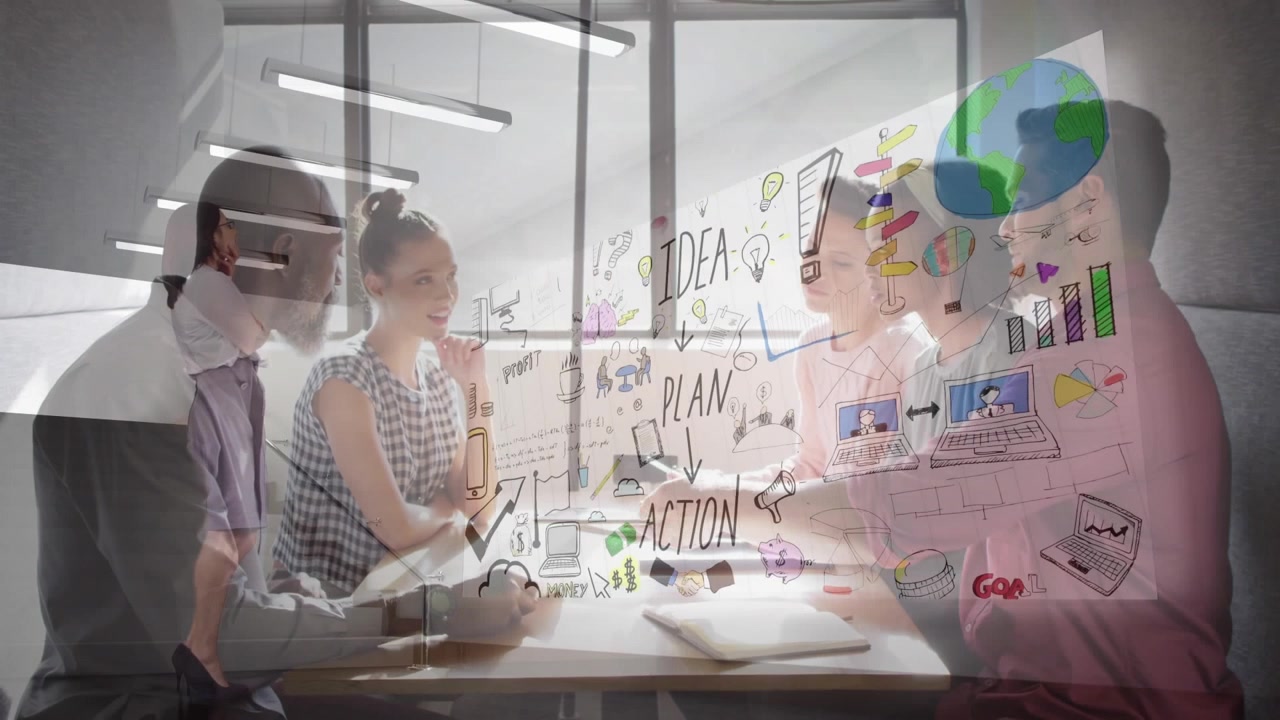 Animation of business people over arrows and financial data processing