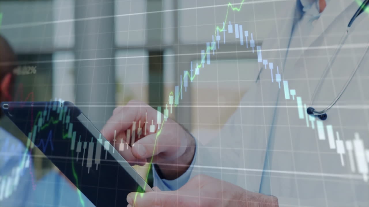Analyzing financial graph overlay, doctor using tablet for data review in office