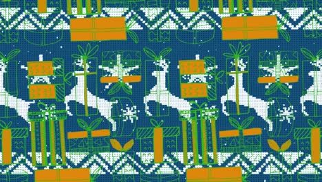 reindeer icons on traditional blue christmas pattern over christmas gift icons in seamless pattern