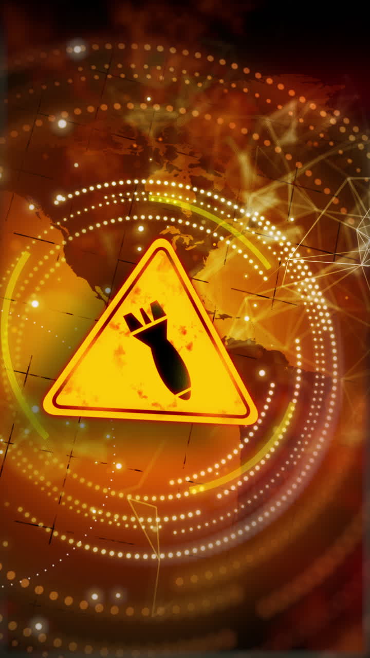 Yellow warning symbol danger of bombardment. Military animation with war icon bomb on world map. Looped background with dots, circles and plexus lines Vertical video.