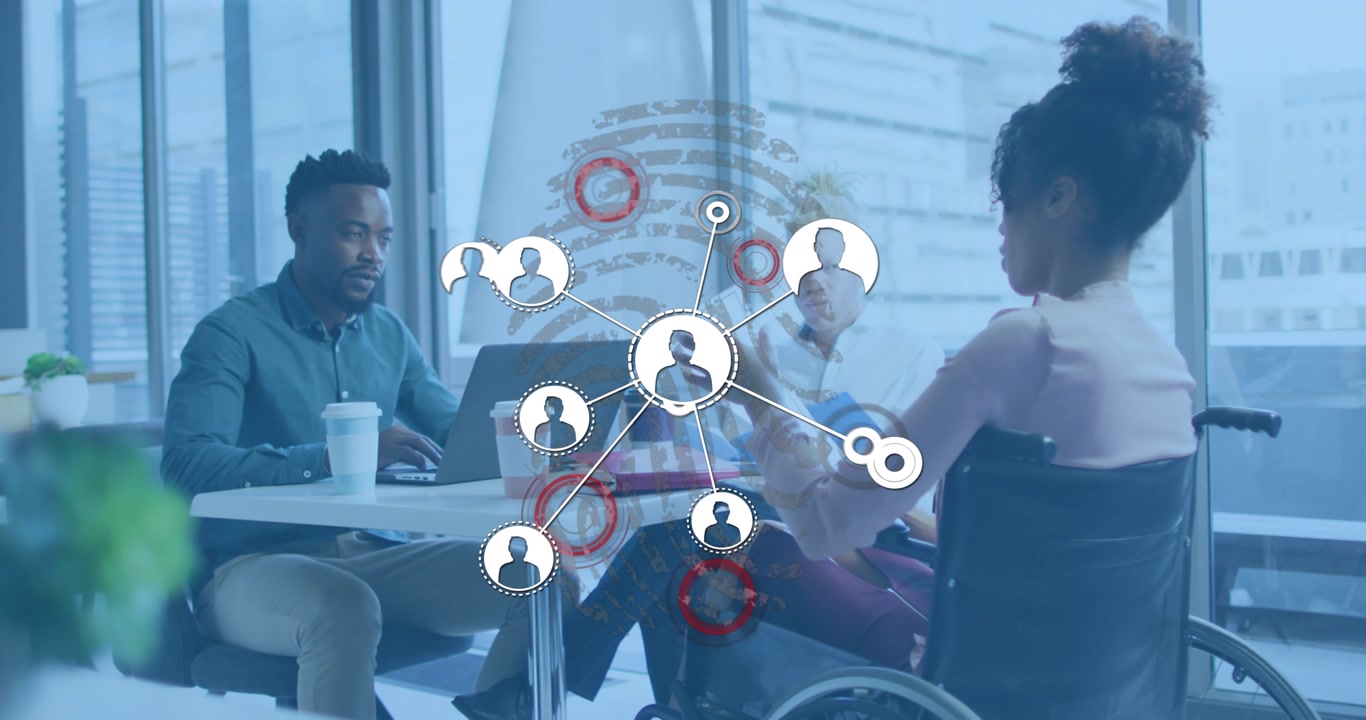 Business colleagues scanning data spotting red markers initiating data network for ID check