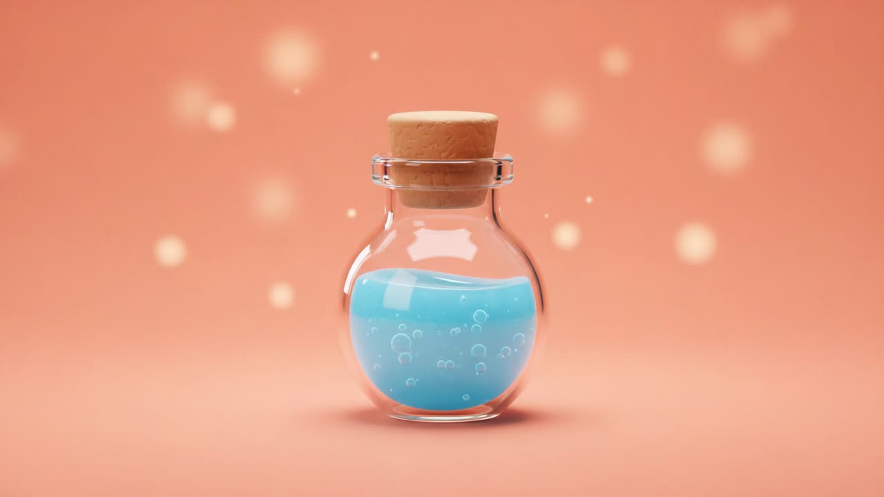 A Captivating View of a Magical Blue Potion in a Glass Bottle, Surrounded by Soft Glows and Bubbles, Evoking a Sense of Wonder and Imagination