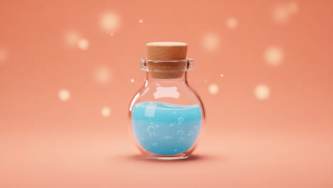a captivating view of a magical blue potion in a glass bottle, surrounded by soft glows and bubbles, evoking a sense of wonder and imagination