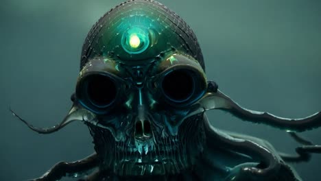alienígena con una cabeza brillante y tentáculos se comunica telepáticamente, emanando una presencia misteriosa y poderosa