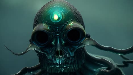 alien overlord with a glowing head and tentacles communicates telepathically, emanating an eerie and powerful presence