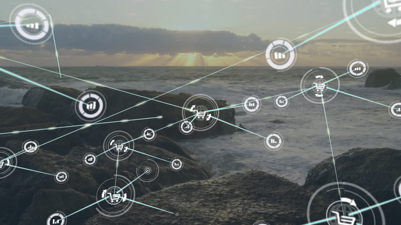 Network of connections and data processing animation over rocky ocean shore