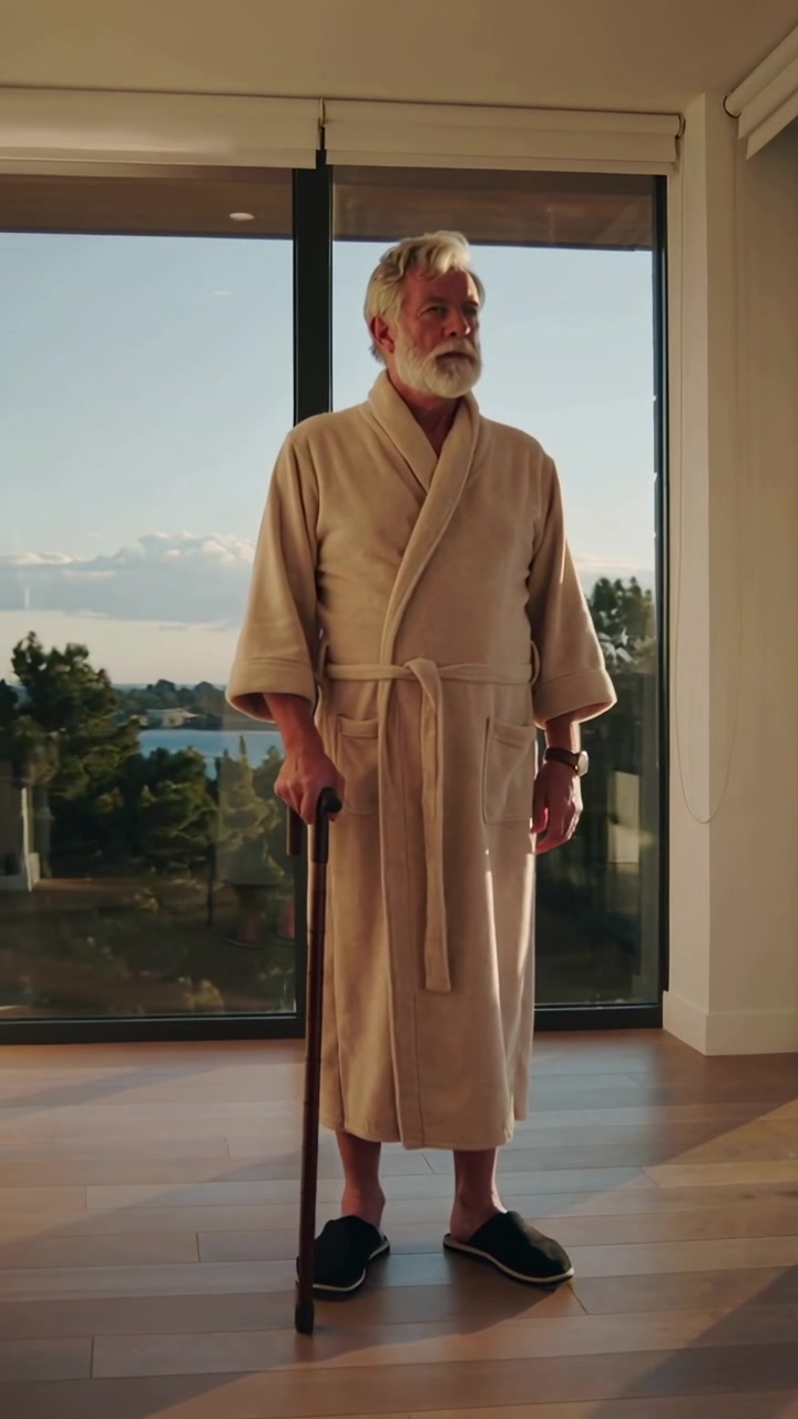 Vídeo vertical: Observando um senhor olhando para as portas da varanda, sol atraindo o olhar, segurando uma bengala de roupão