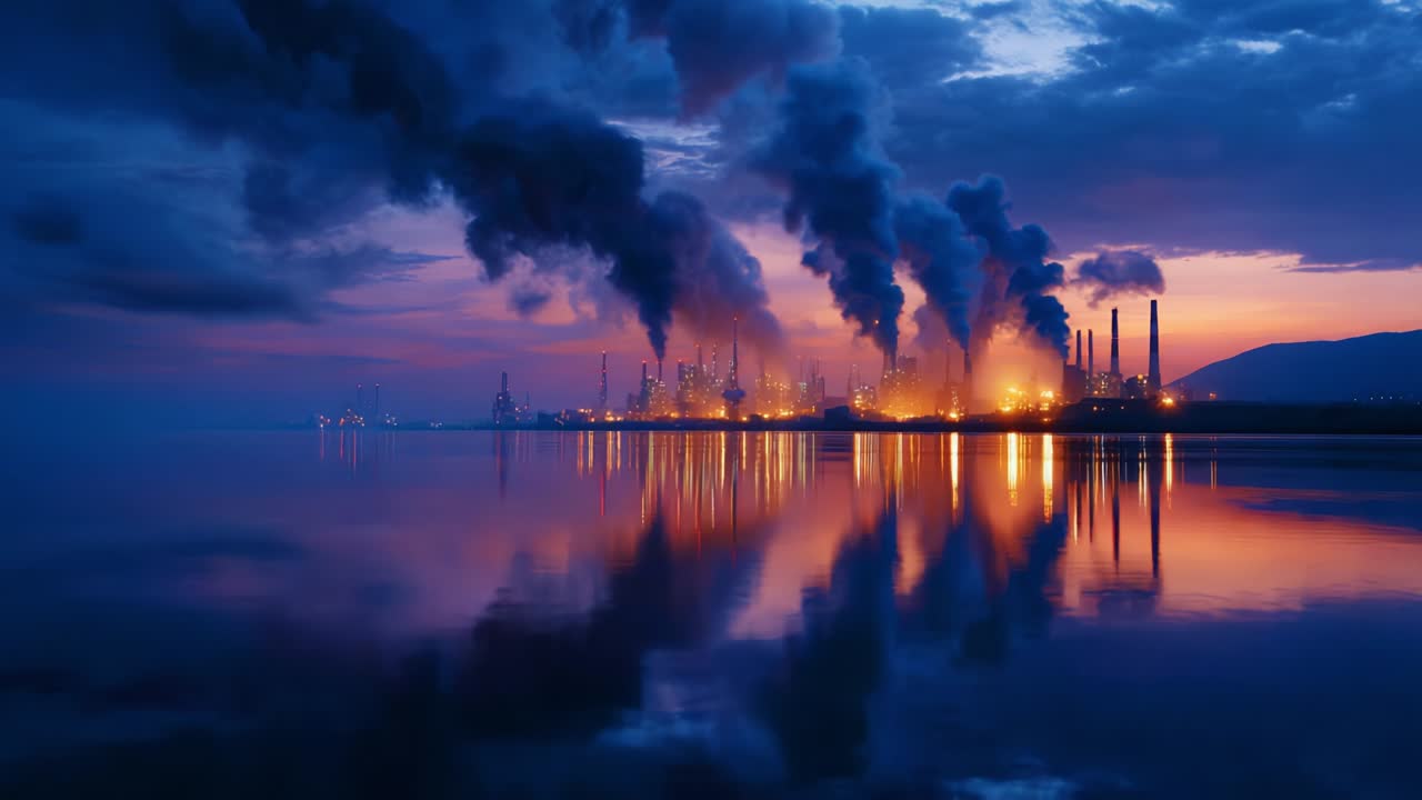 Industrielt landskab i tusmørke, der viser refleksioner af fabrikker og røgudviklere, hvilket skaber et slående visuelt billede af forurening og miljøpåvirkning under en levende aftenhimmel med nuancer af blå og orange.