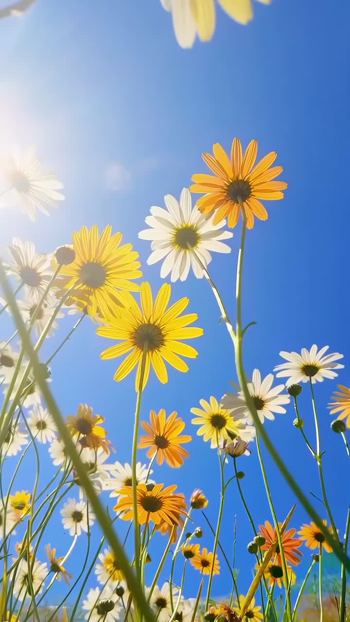Margaridas Vibrantes Balançando Contra um Céu Azul Brilhante.