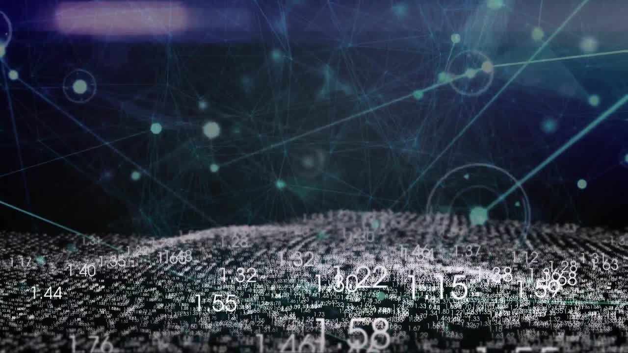Upon start numeric grid undulating with decimals drifting and network expanding for data view