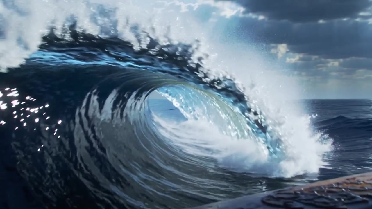 Surging swell rising from sea forming glossy wave curling into hollow barrel, crashing on wood rail