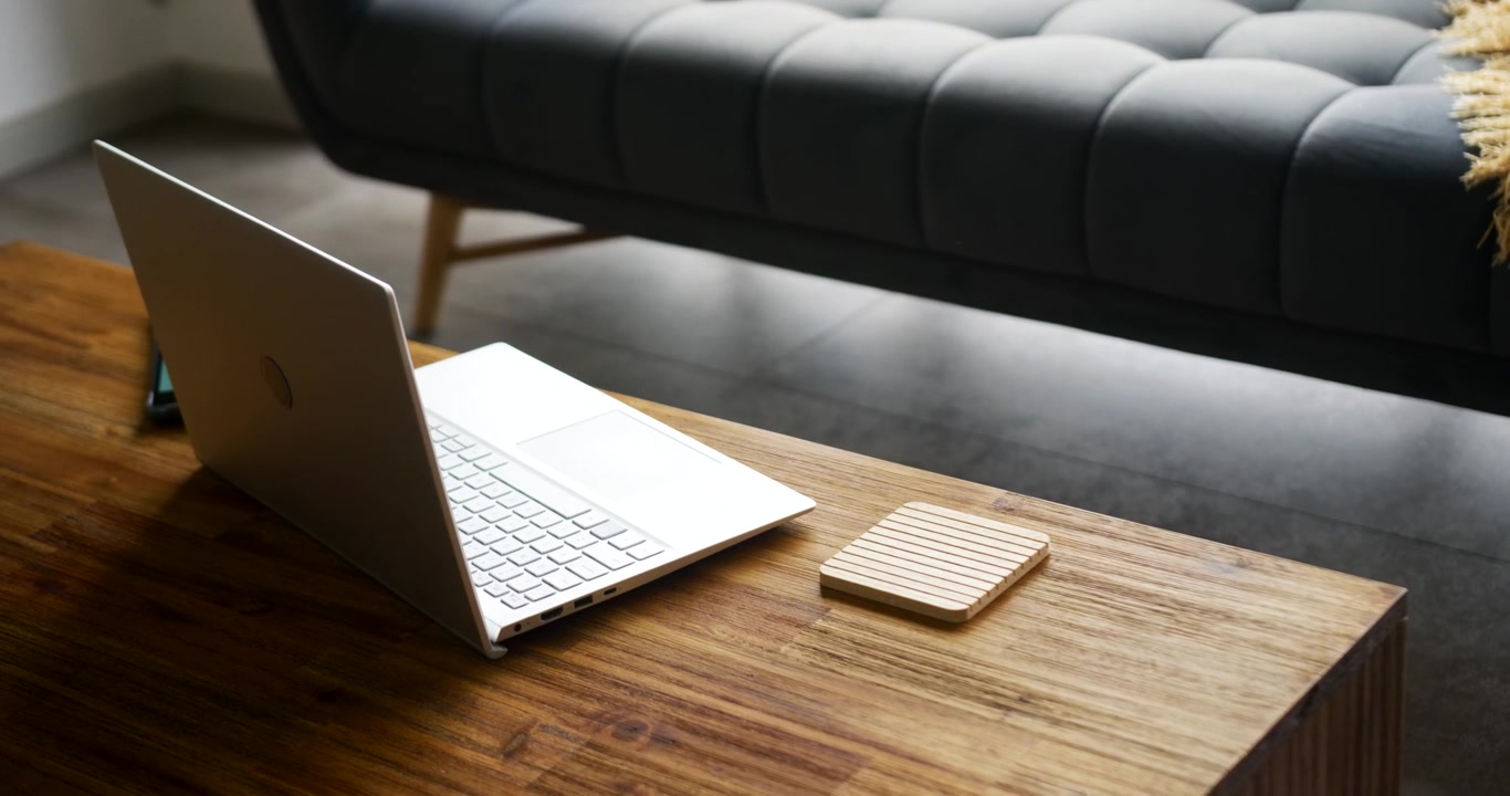 Camera is panning to reveal dried plant while silver laptop is staying on wooden coffee table