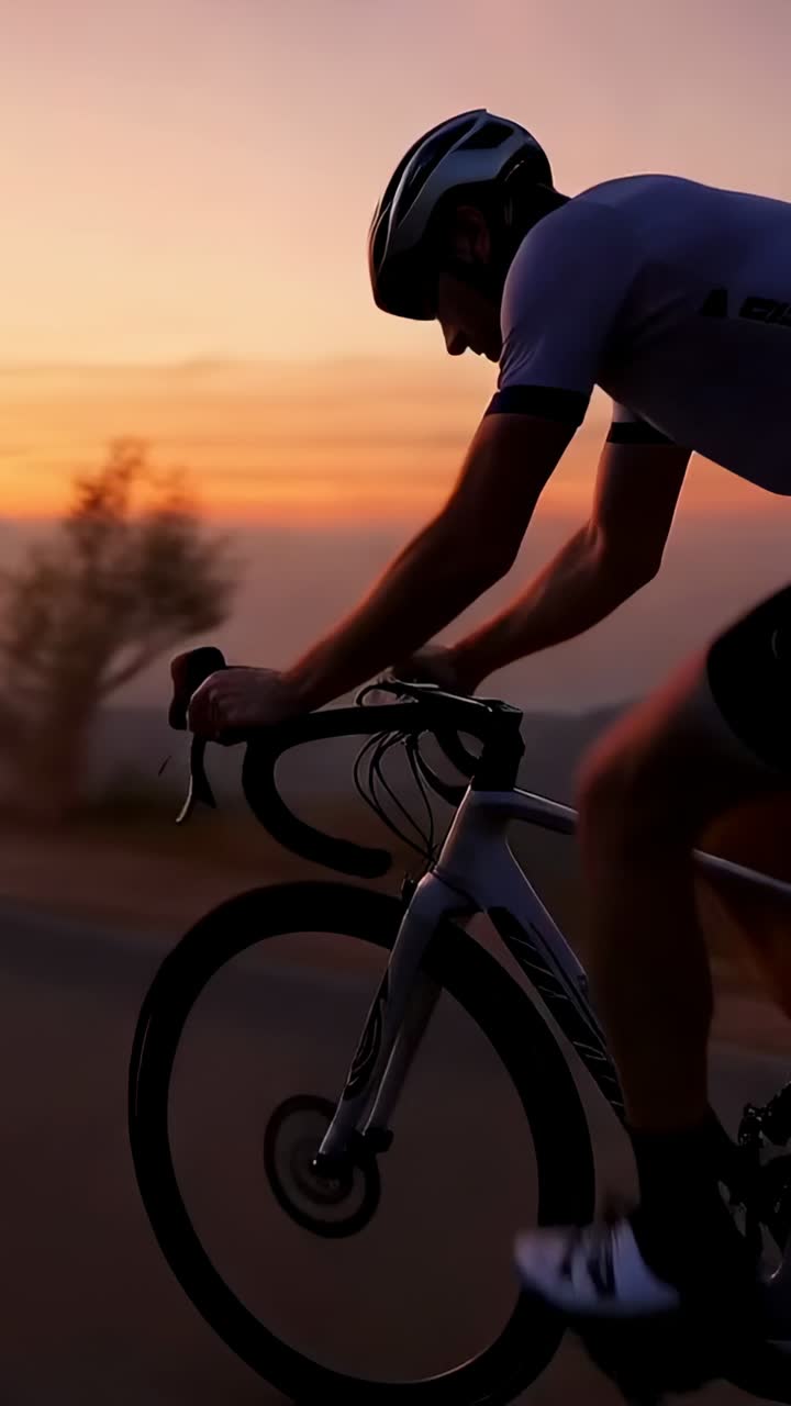 Video verticale: ciclista che pedala su strada mentre il sole tramonta, indossa una maglia e guida una bici da strada