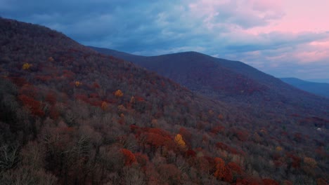 Aerial-drone-video-footage-of-the-magical,-beautiful-Appalachian-Mountains-during-fall-autumn-with-beautiful-golden-light-and-skies