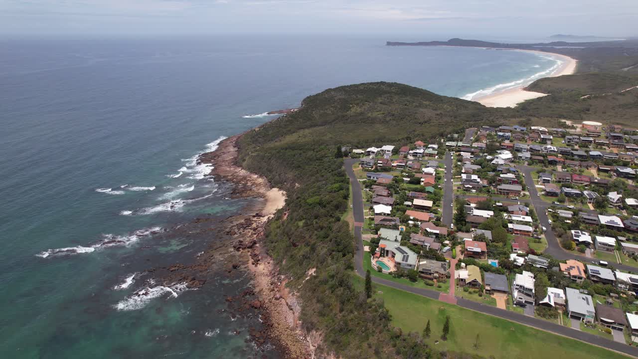 Coastal Scenery At Grants Head Reserve And Beach In Bonny Hills, New South Wales, Australia. aerial descending shot