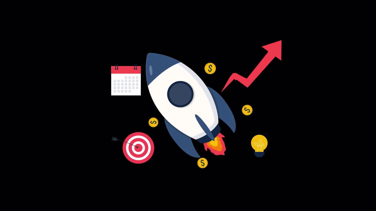 Animated Rocket Launching with Business Growth Icons