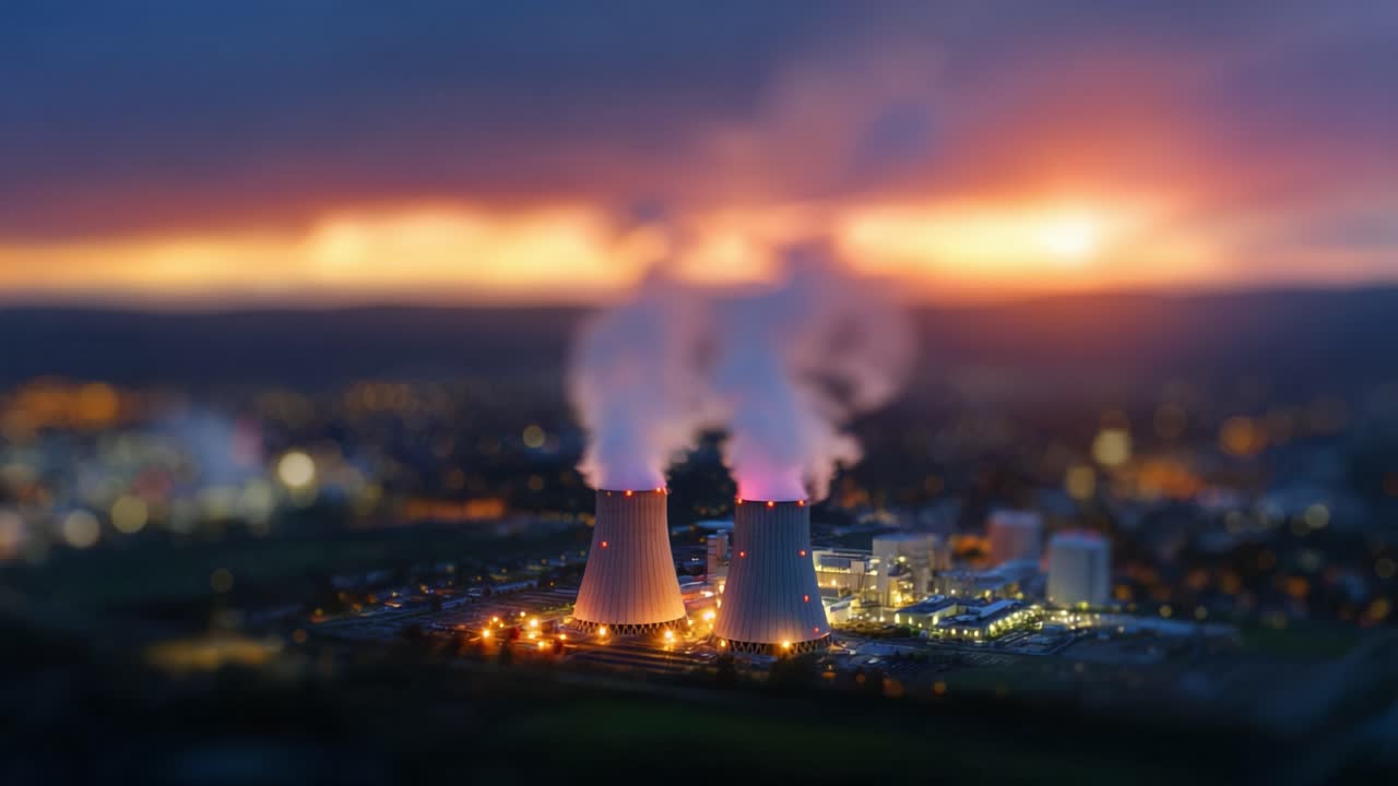 Tramonto drammatico dietro le torri di raffreddamento che emettono vapore in una centrale elettrica, affacciata su un paesaggio vivace ricco di sviluppo industriale e generazione di energia elettrica.