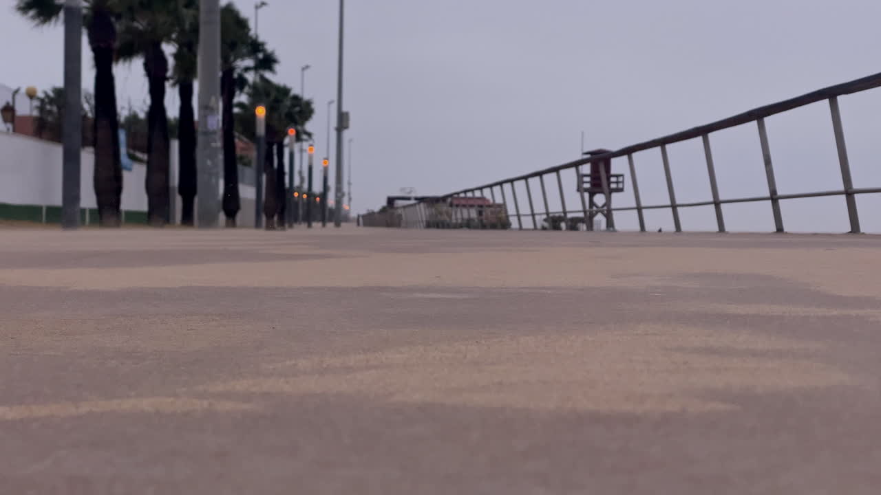 Promenade pesisir kosong dengan pohon palem dan menara penjaga pantai, menciptakan pemandangan perkotaan yang tenang dan damai saat senja