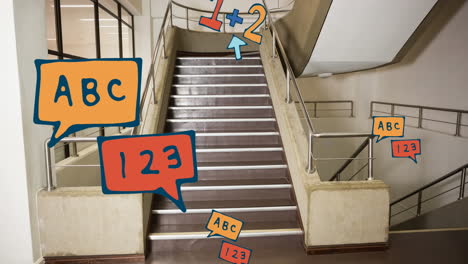 animación de los íconos de los artículos escolares que se mueven por las escaleras