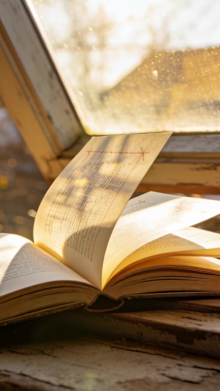 Video verticale: Una leggera corrente d'aria solleva e gira una singola pagina di un libro su un davanzale usurato, mostrando un asterisco rosso.