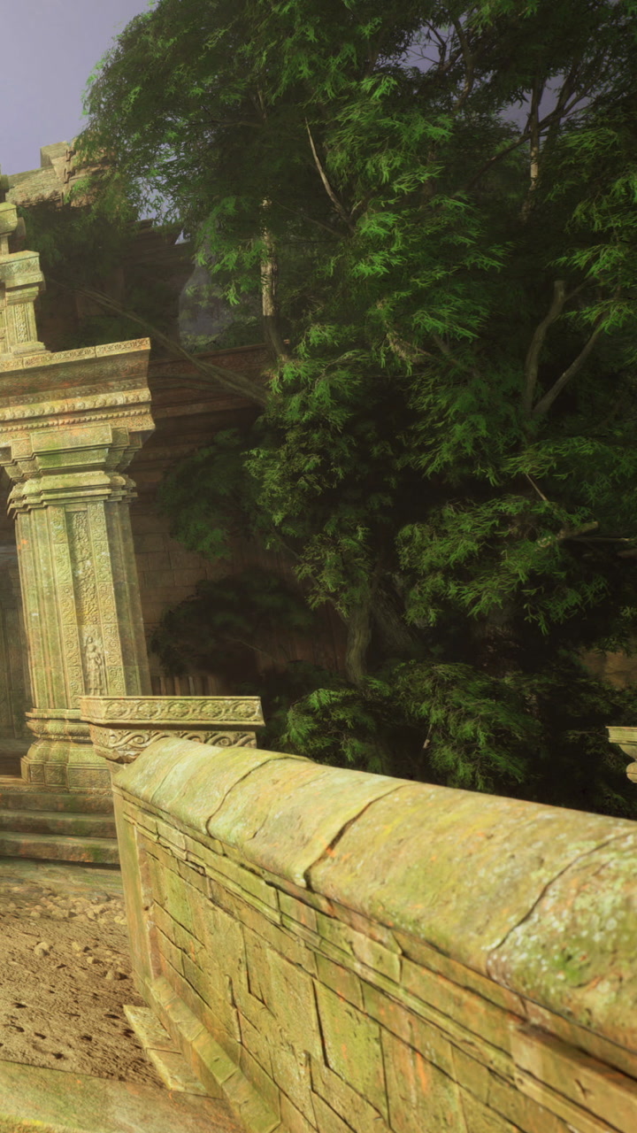 Ancient temple ruins nestled in lush greenery during misty twilight hours