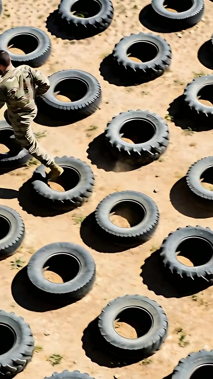 Vertical video: Starting drill, stepping soldier in camo uniform and boots navigating tires on sand