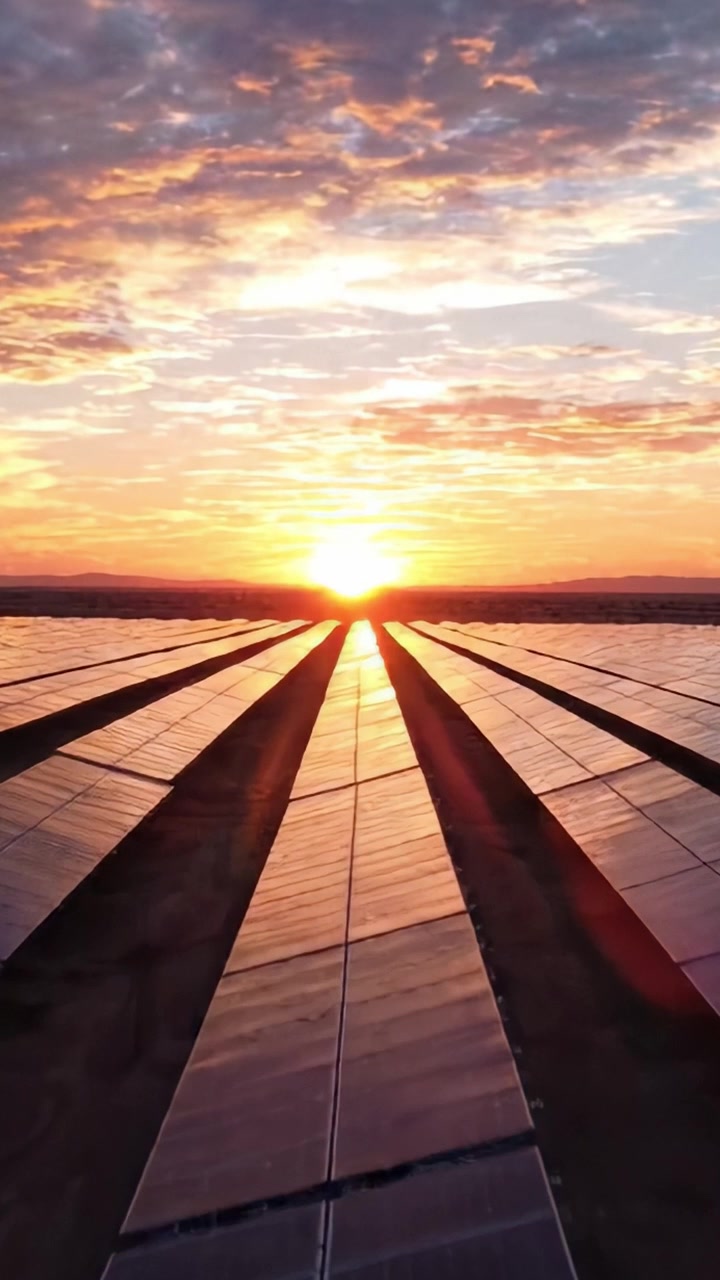Betagende solnedgang over solpaneler: Et fængslende syn af vedvarende energi i harmoni med naturens skønhed