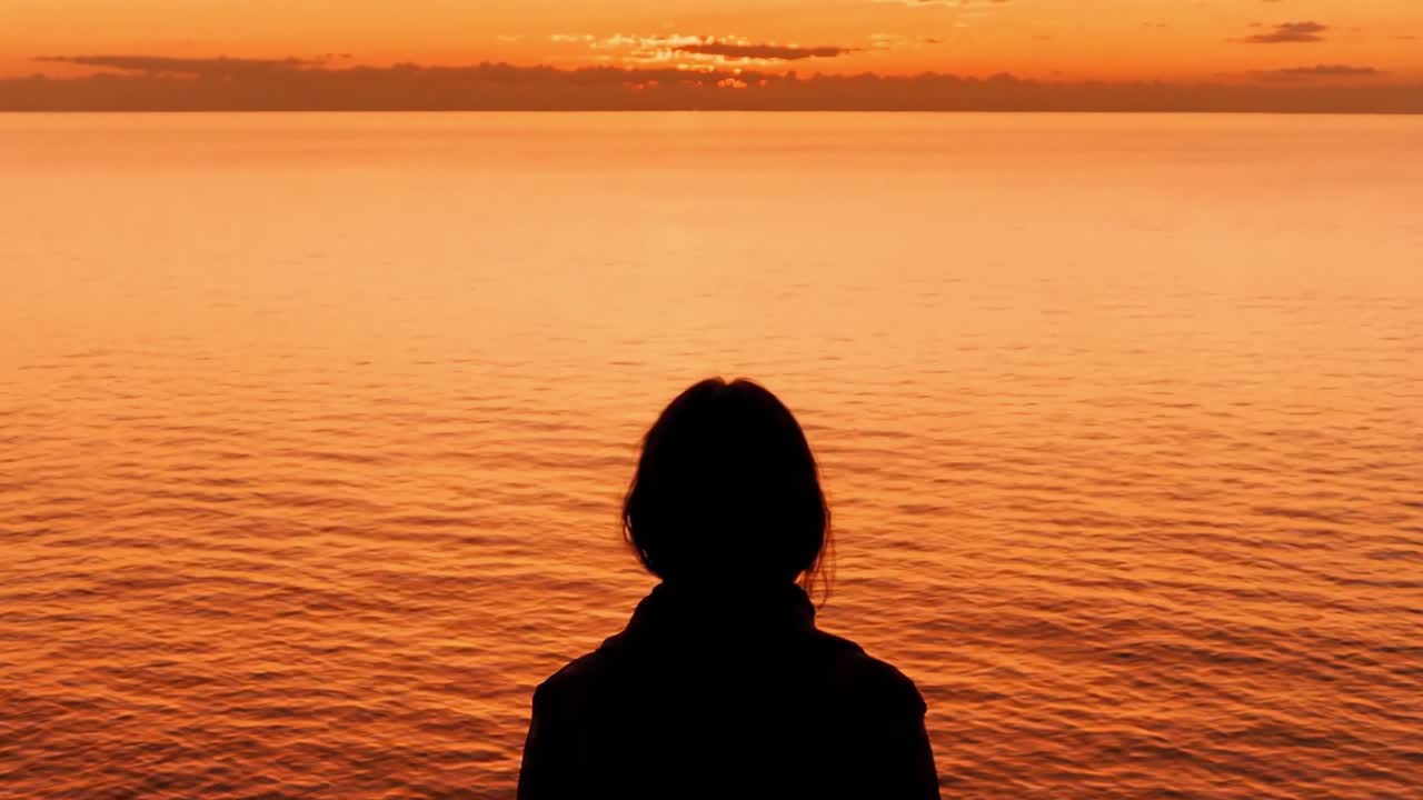 Silhouette of a woman person standing by the sea as the sun lowers, casting warm orange light over waves