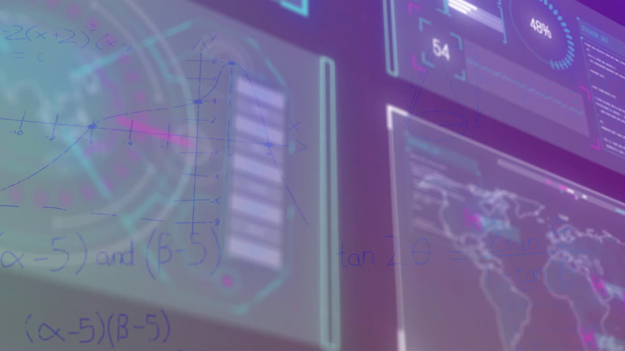 animación de las estadísticas y el procesamiento de datos digitales en pantallas sobre fondo púrpura