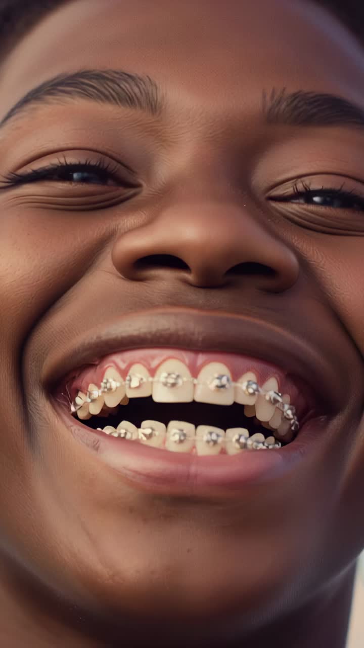Vertical video: Laughing female responding to camera in close-up, showing braces and amusement