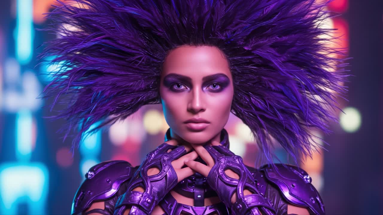 Ritratto futuristico di un personaggio audace con capelli viola vivaci e abbigliamento corazzato su uno sfondo di città al neon.
