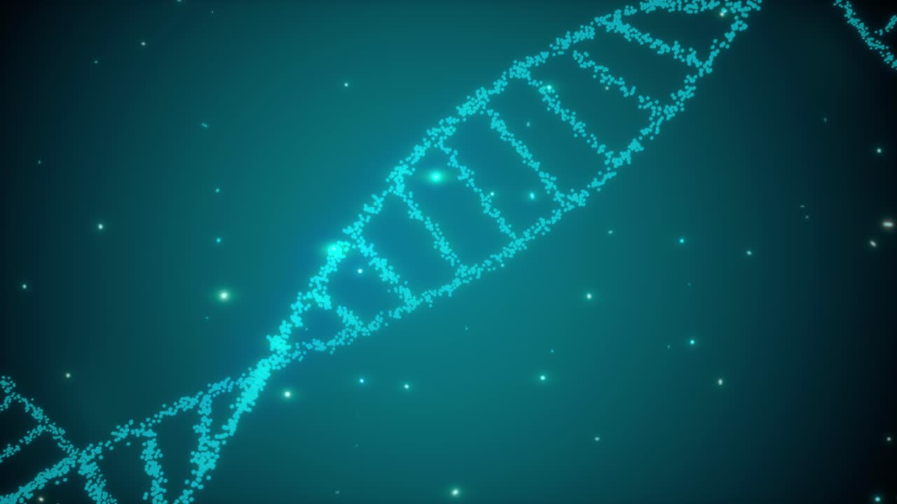 animación renderizada en 3d de una molécula de adn giratoria que brilla sobre un fondo azul. concepto de genética