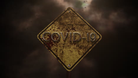 animated text covid-19 and horror background with road sign and dark blood