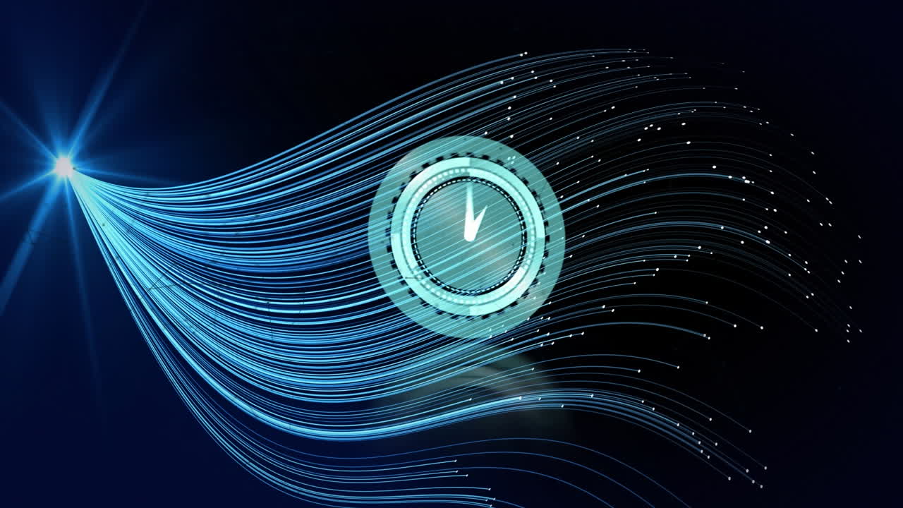 Animation of moving clock and networks of connections over blue shapes on black background