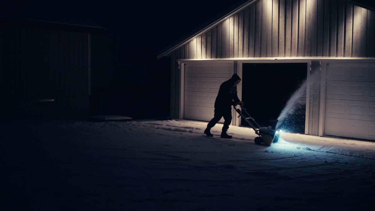 hombre limpiando la nieve fuera de la cabaña con soplador de nieve por la noche