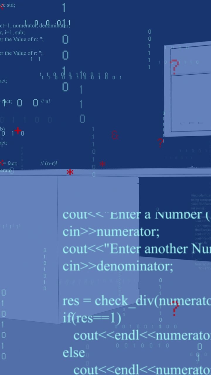 Animatie van gegevensverwerking over een bureau met computer op een blauwe achtergrond
