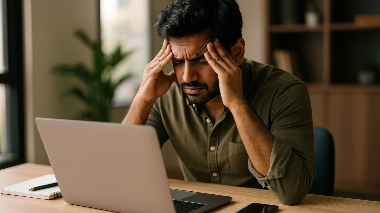 A stressed man at a desk with a laptop, captured in a medium close-up angle